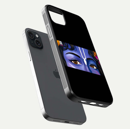 Krishna Eye Glass Case for iPhone 15 Plus floating dual-view mockup showing gloss surface and divine art depth