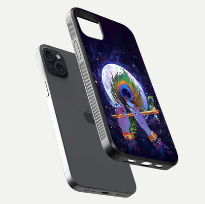 Krishna Hands Art Glass Case for iPhone 15 Plus floating dual-view mockup showing premium gloss reflection