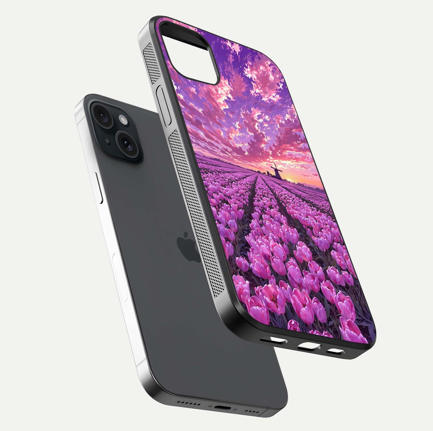 Lavender Dream Skies Glass Case for iPhone 15 Plus floating dual-view mockup showing gloss polish and pastel design