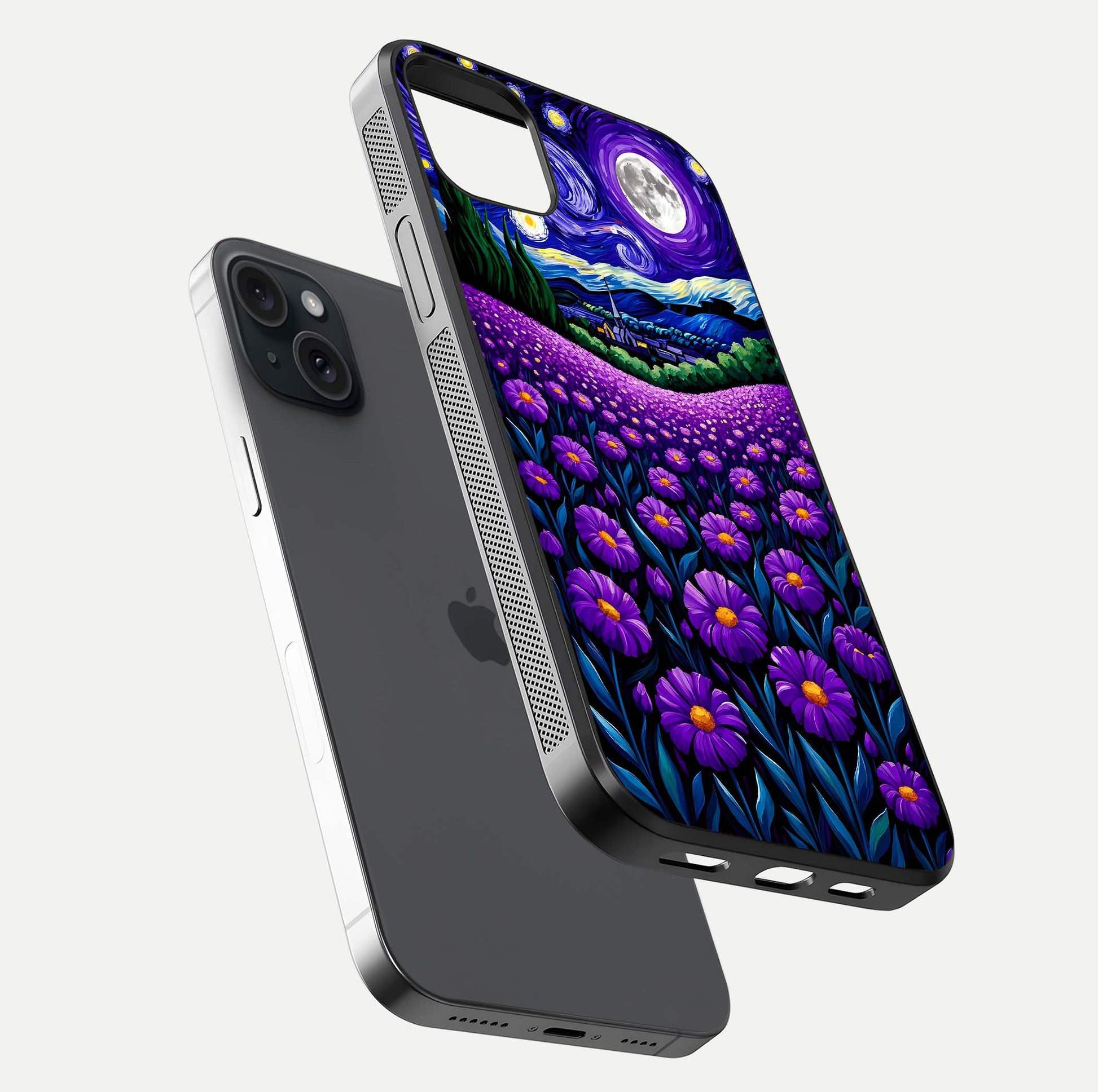 Lavender Moon Field Glass Case for iPhone 15 Plus floating dual-view mockup showing gloss surface and floral glow
