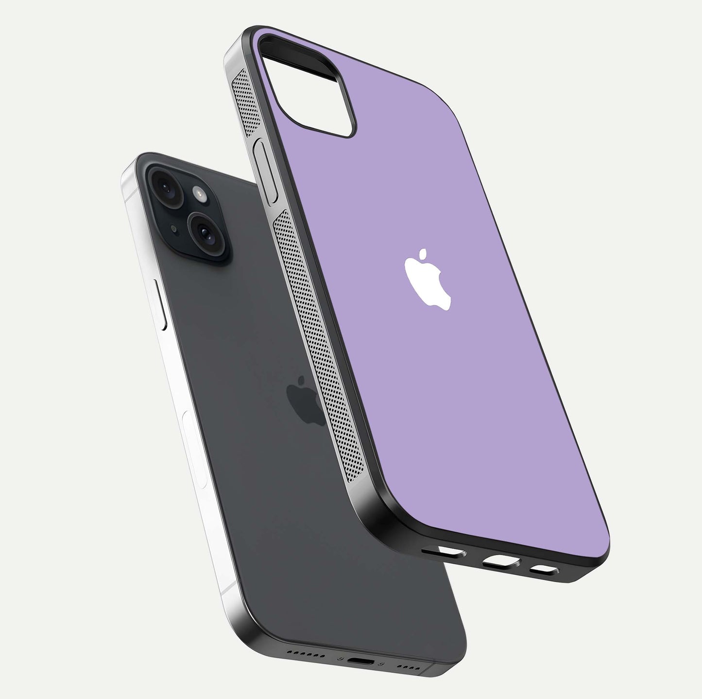 Lavender Soft Minimal Glass Case for iPhone 15 Plus floating dual-view mockup showing gloss reflection and pastel tone