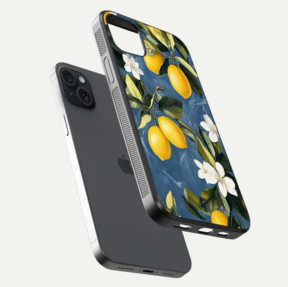 Lemon Dream Garden Glass Case for iPhone 15 Plus floating dual-view mockup showing gloss brightness and vivid yellow print