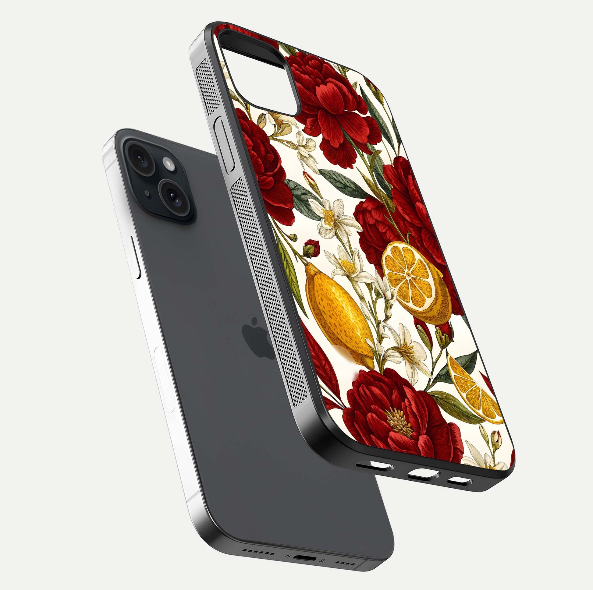 Lemon Rose Charm Glass Case for iPhone 15 Plus floating dual-view mockup showing gloss polish and floral gradient
