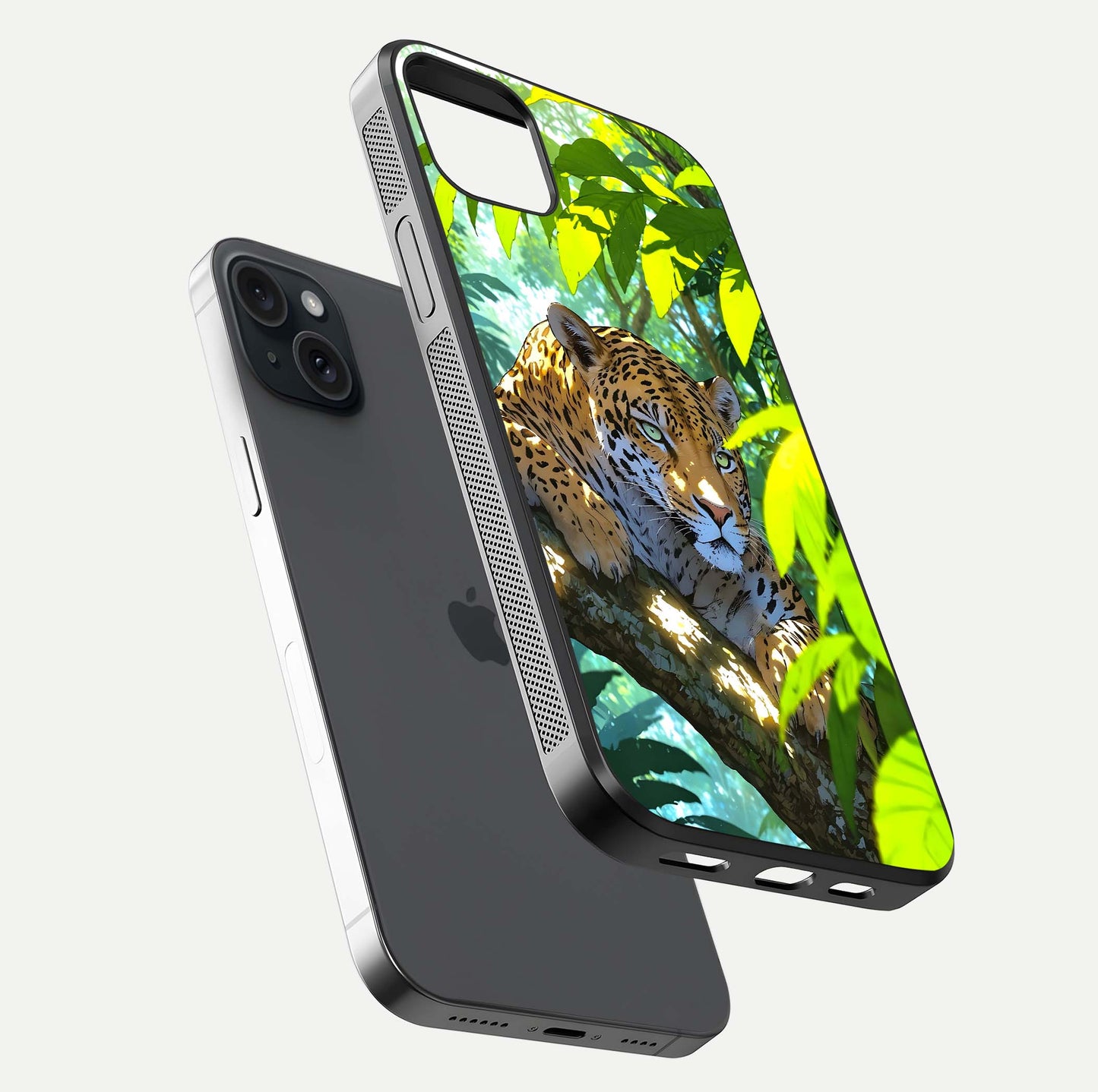 Leopard in Jungle Glass Case for iPhone 15 Plus floating dual-view mockup showing gloss finish and HD wild pattern