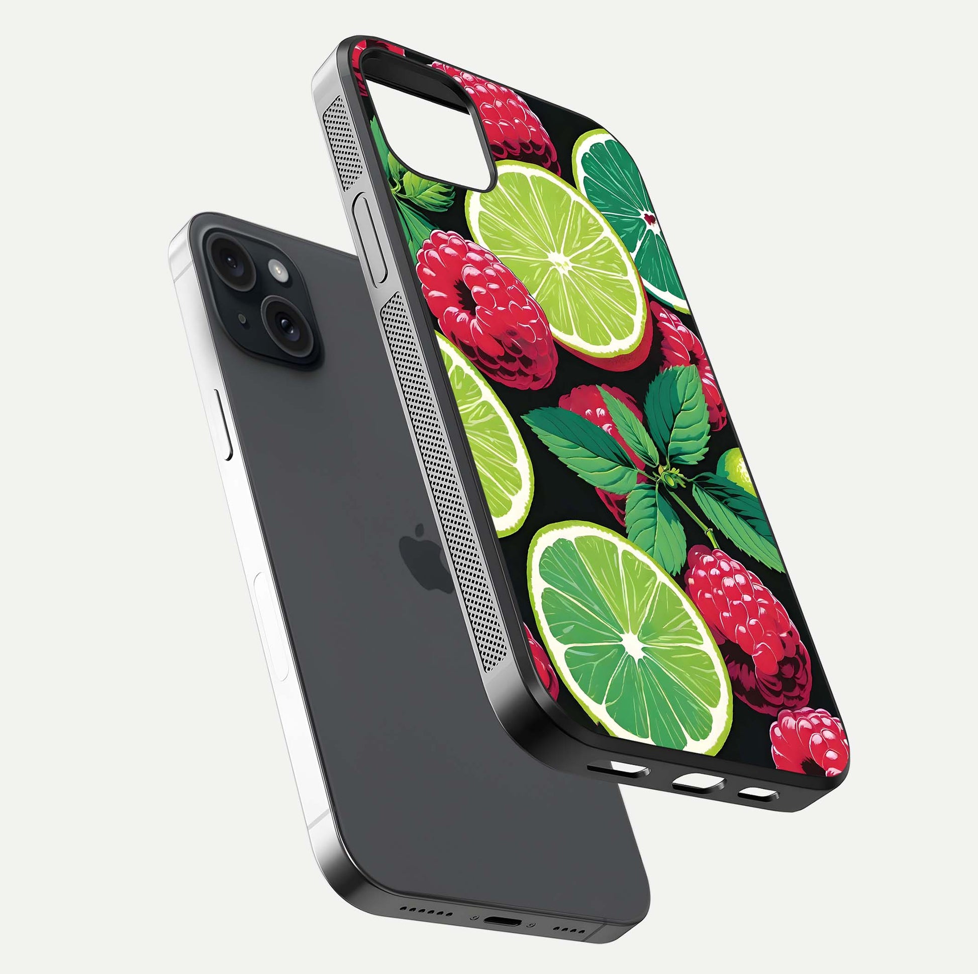 Lime and Raspberry Pattern Glass Case for iPhone 15 Plus floating dual-view showing HD gloss and vivid print