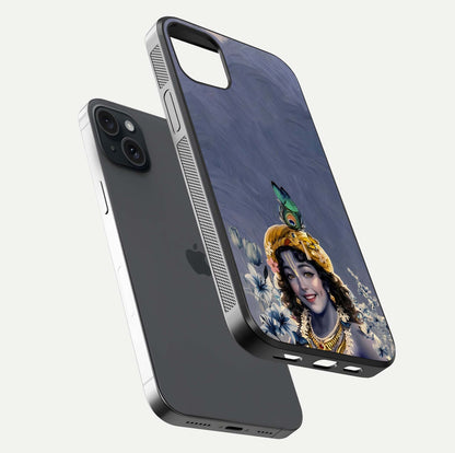 Lord Krishna Glass Case for iPhone 15 Plus floating dual-view showing glossy shine and divine artistic pattern
