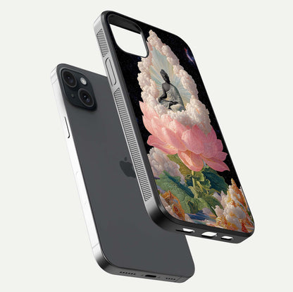 Lotus Divine Peace Glass Case for iPhone 15 Plus floating dual-view mockup with glass glow and spiritual calm art