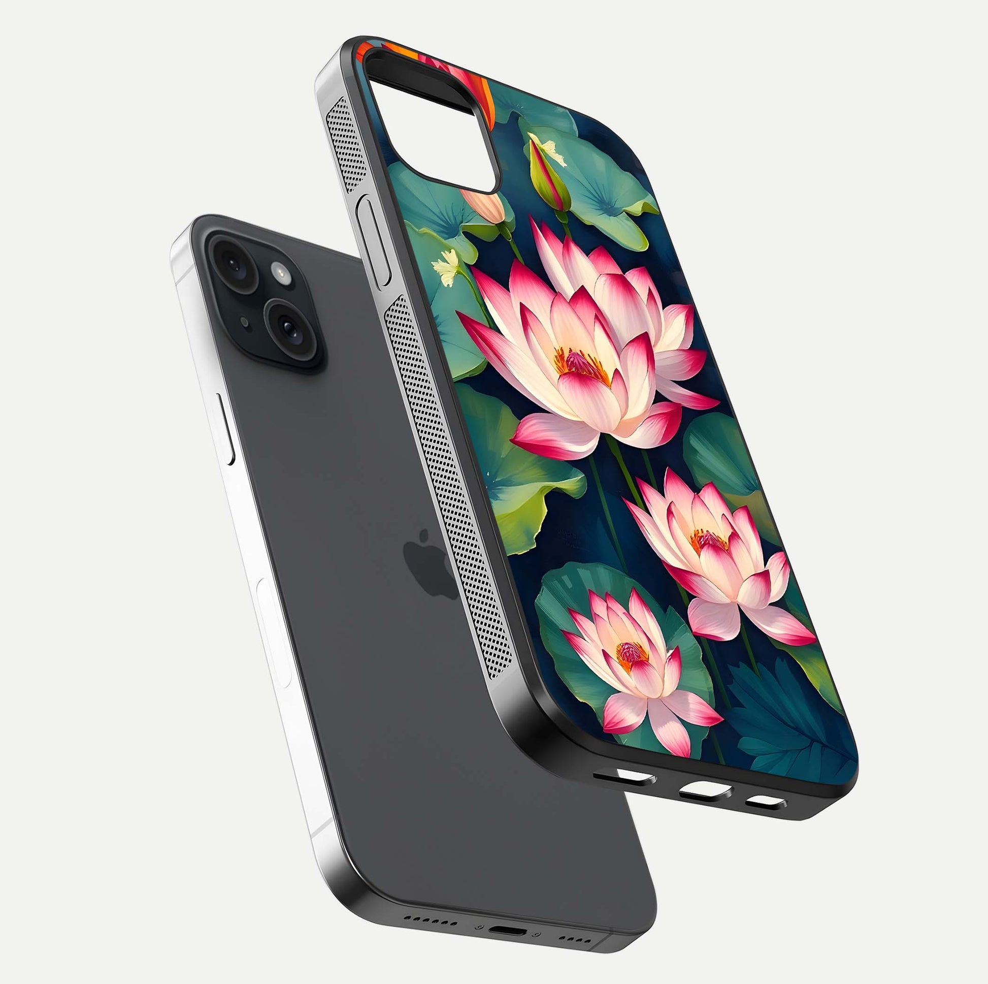 Lotus Dream Serenity Glass Case for iPhone 15 Plus floating dual-view mockup highlighting HD gloss glow
