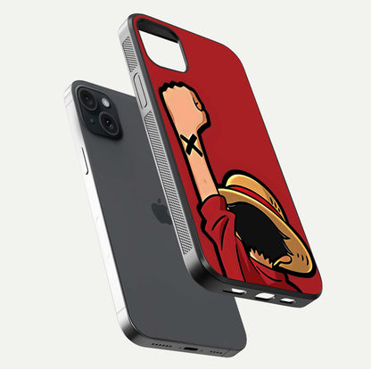 Luffy X Spirit Glass Case for iPhone 15 Plus floating dual-view mockup showing gloss polish and vibrant color depth