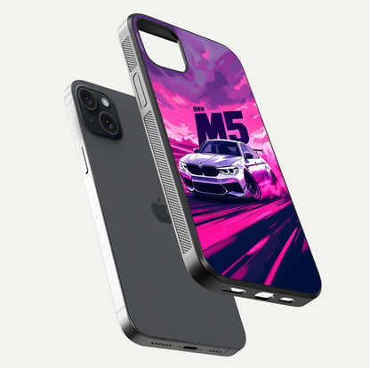 MS Neon Car Glass Case for iPhone 15 Plus floating dual-view mockup showing HD gloss and electric color tones