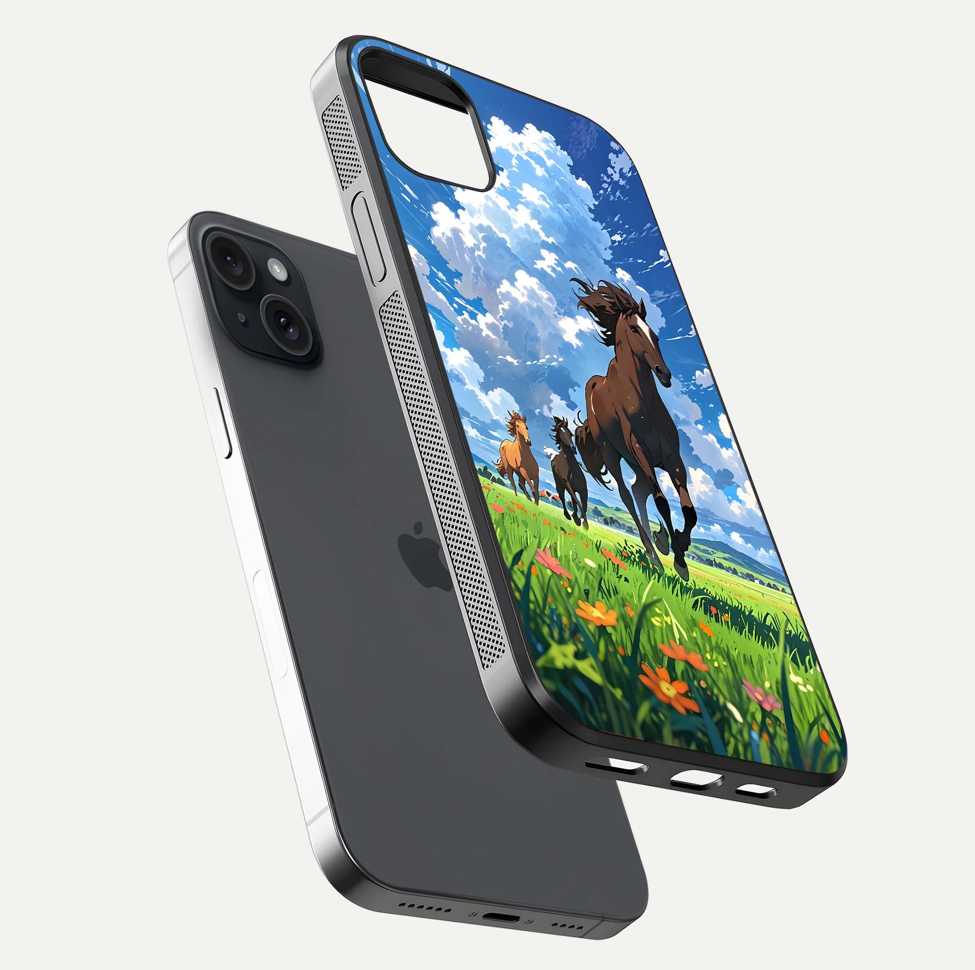 Majestic Horses Galloping Glass Case for iPhone 15 Plus floating dual-view mockup showing gloss texture and vivid tones