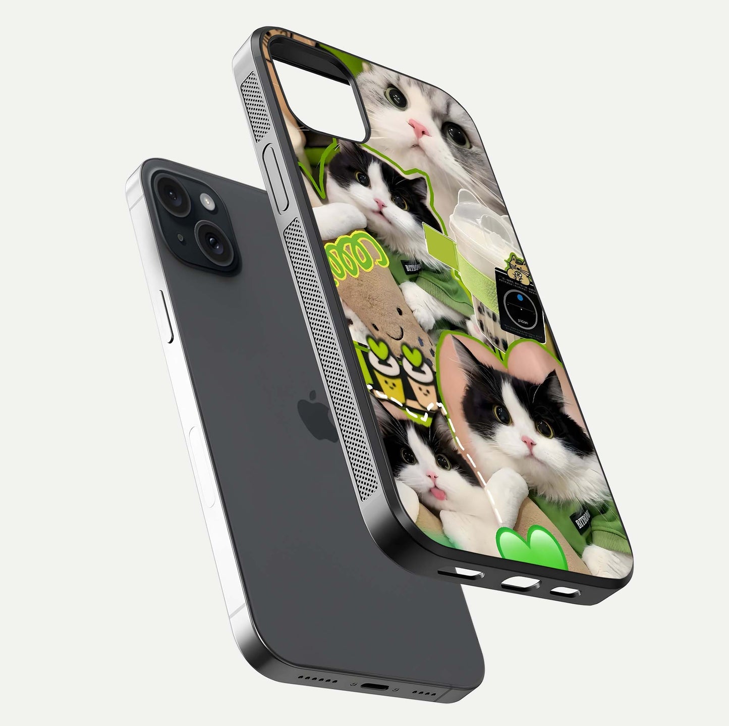 Matcha Cats Mood Glass Case for iPhone 15 Plus floating dual-view mockup showing HD gloss surface and soft tones
