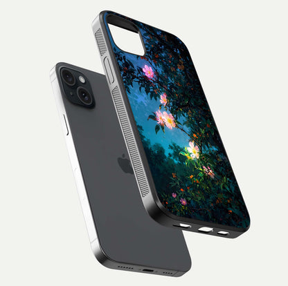 Midnight Bloom Glow Glass Case for iPhone 15 Plus floating dual-view mockup showing HD gloss and floral contrast