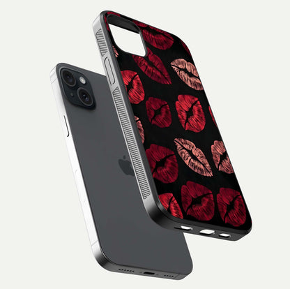 Midnight Kiss Love Glass Case for iPhone 15 Plus floating dual-view mockup showing HD gloss and elegant edge design