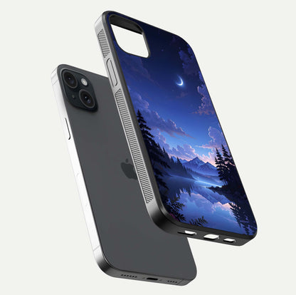 Midnight Lake Peace Glass Case for iPhone 15 Plus floating dual-view mockup showing gloss finish and peaceful art