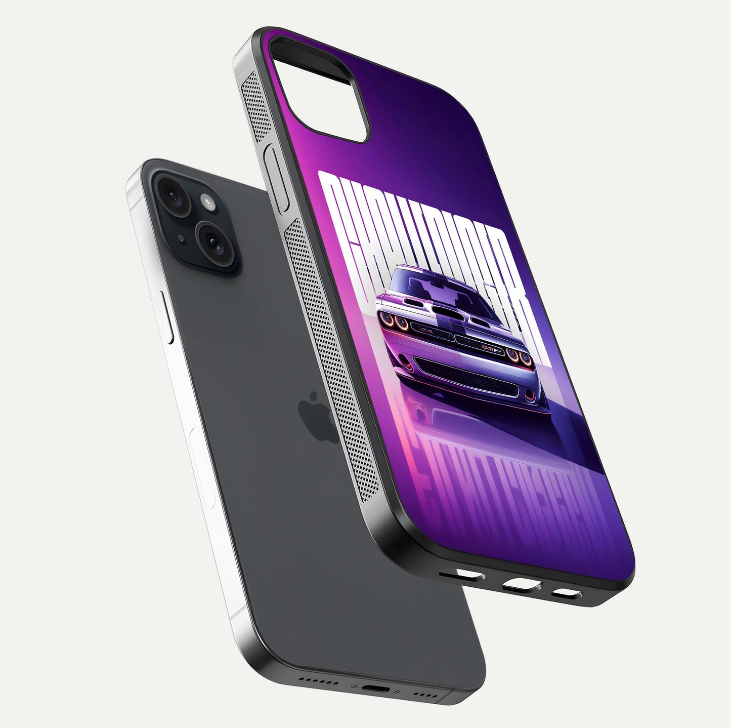 Midnight Muscle Ride Glass Case for iPhone 15 Plus floating dual-view mockup showing glossy finish and shine depth