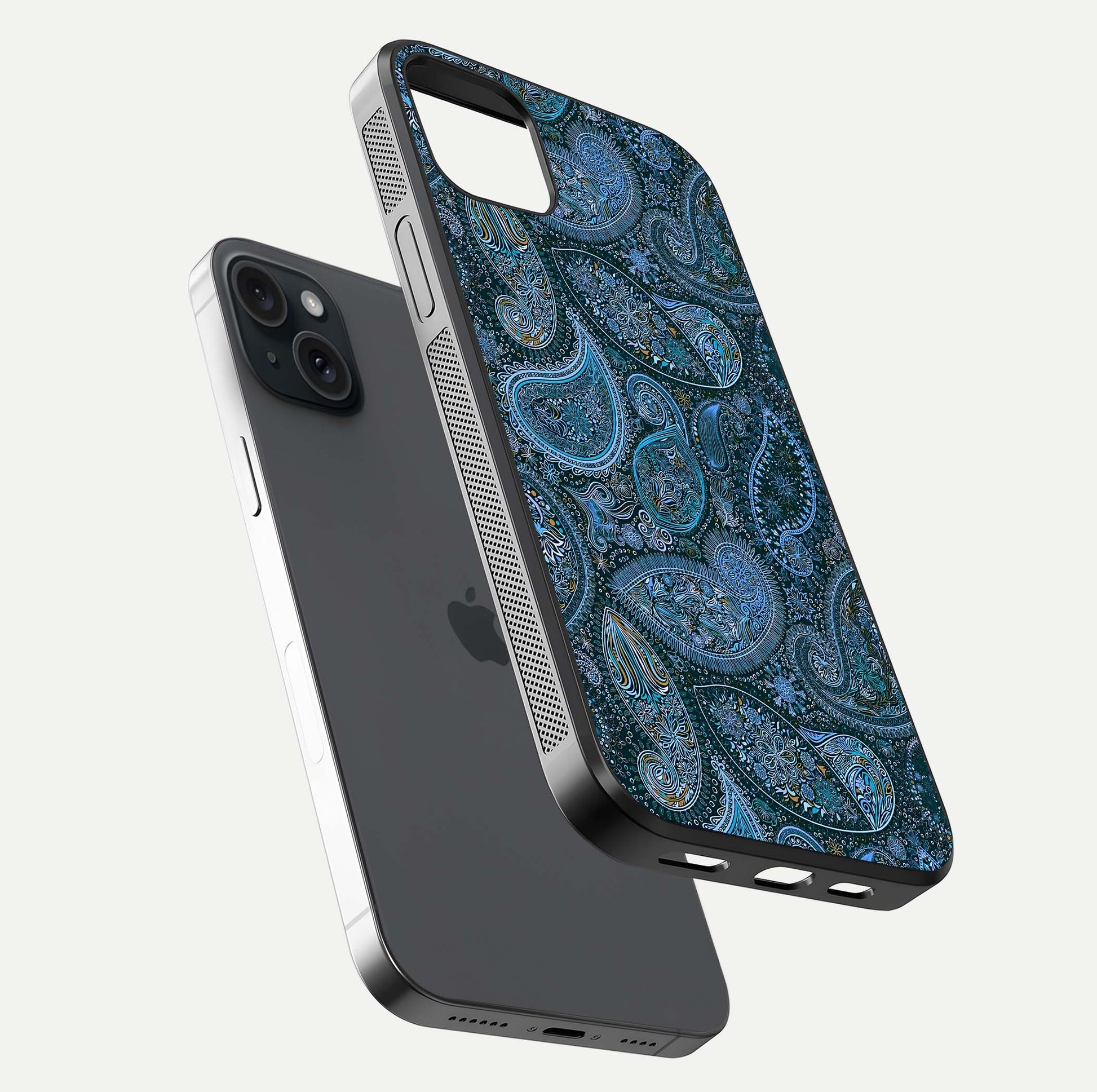 Midnight Paisley Glow Glass Case for iPhone 15 Plus floating dual-view mockup showing HD gloss and rich pattern