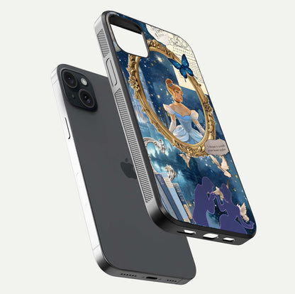 Midnight Queen Glass Case for iPhone 15 Plus floating dual-view mockup showing HD glass shine and luxury art