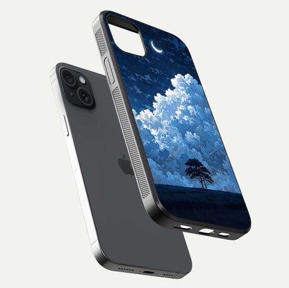 Midnight Sky Serenity Glass Case for iPhone 15 Plus floating dual-view mockup showing HD gloss and night shine
