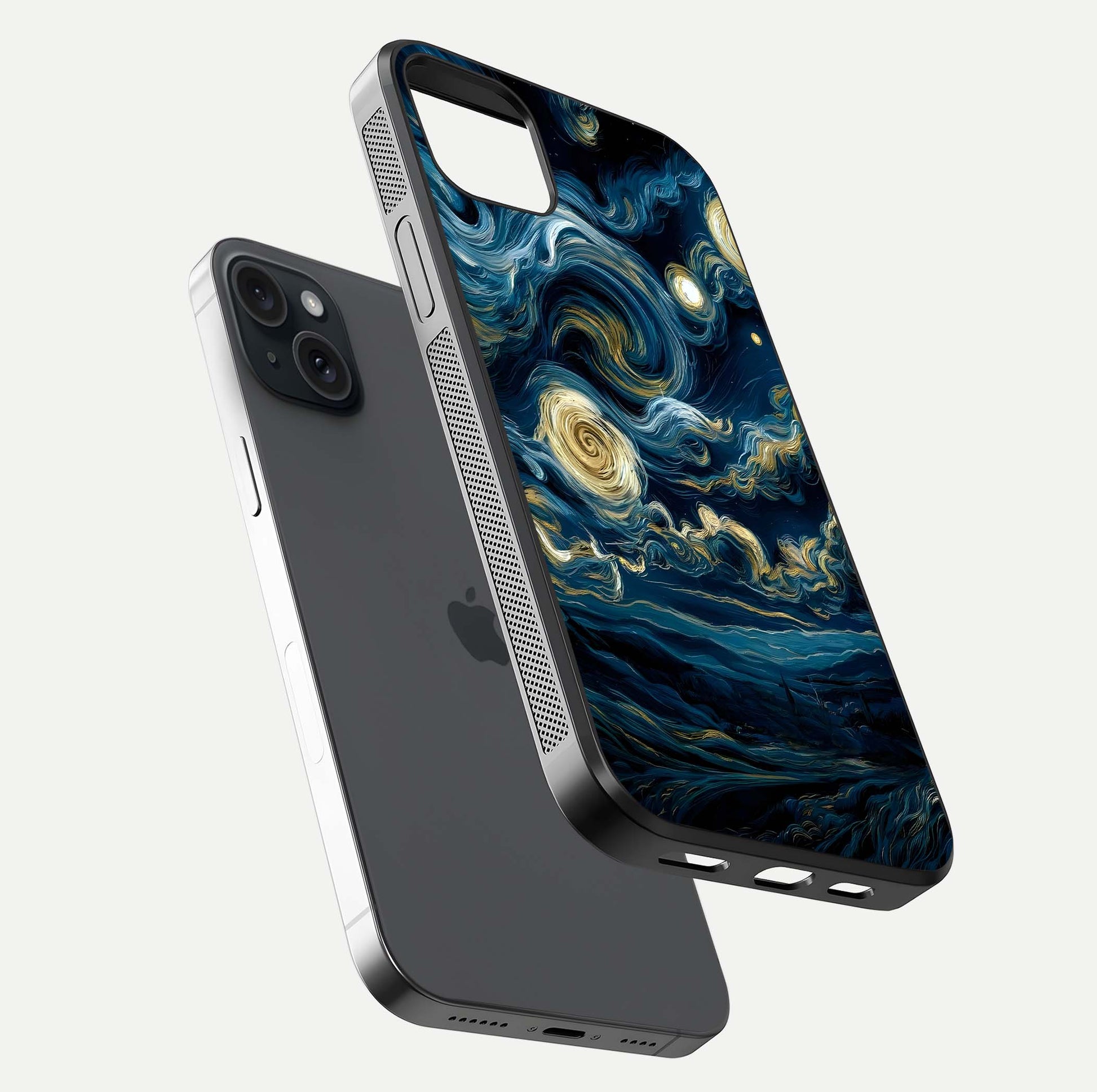 Midnight Sky Whirl Glass Case for iPhone 15 Plus floating dual-view mockup showing gloss texture and shine