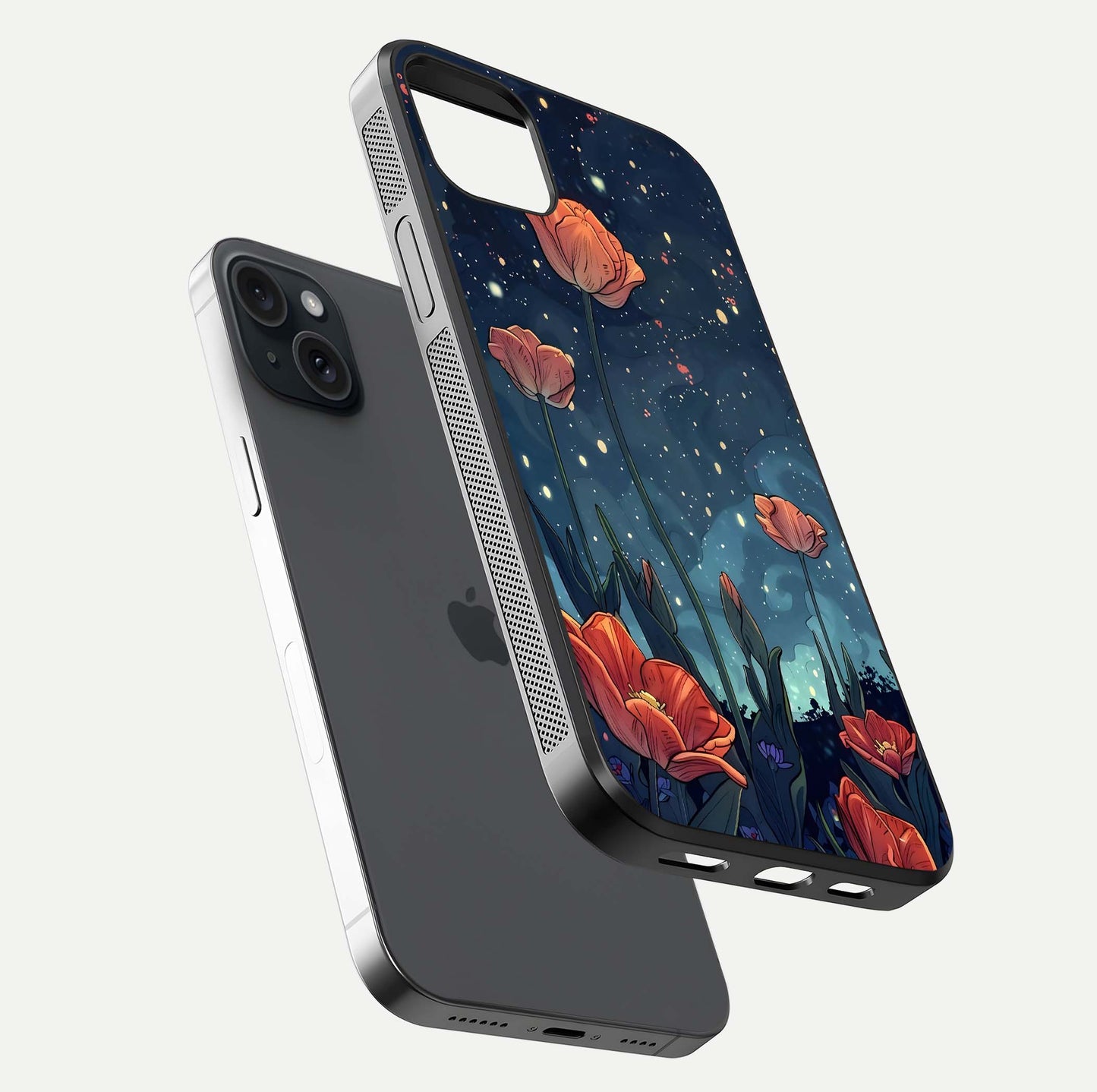 Midnight Tulip Glow Glass Case for iPhone 15 Plus floating dual-view mockup showing HD gloss and tulip tone