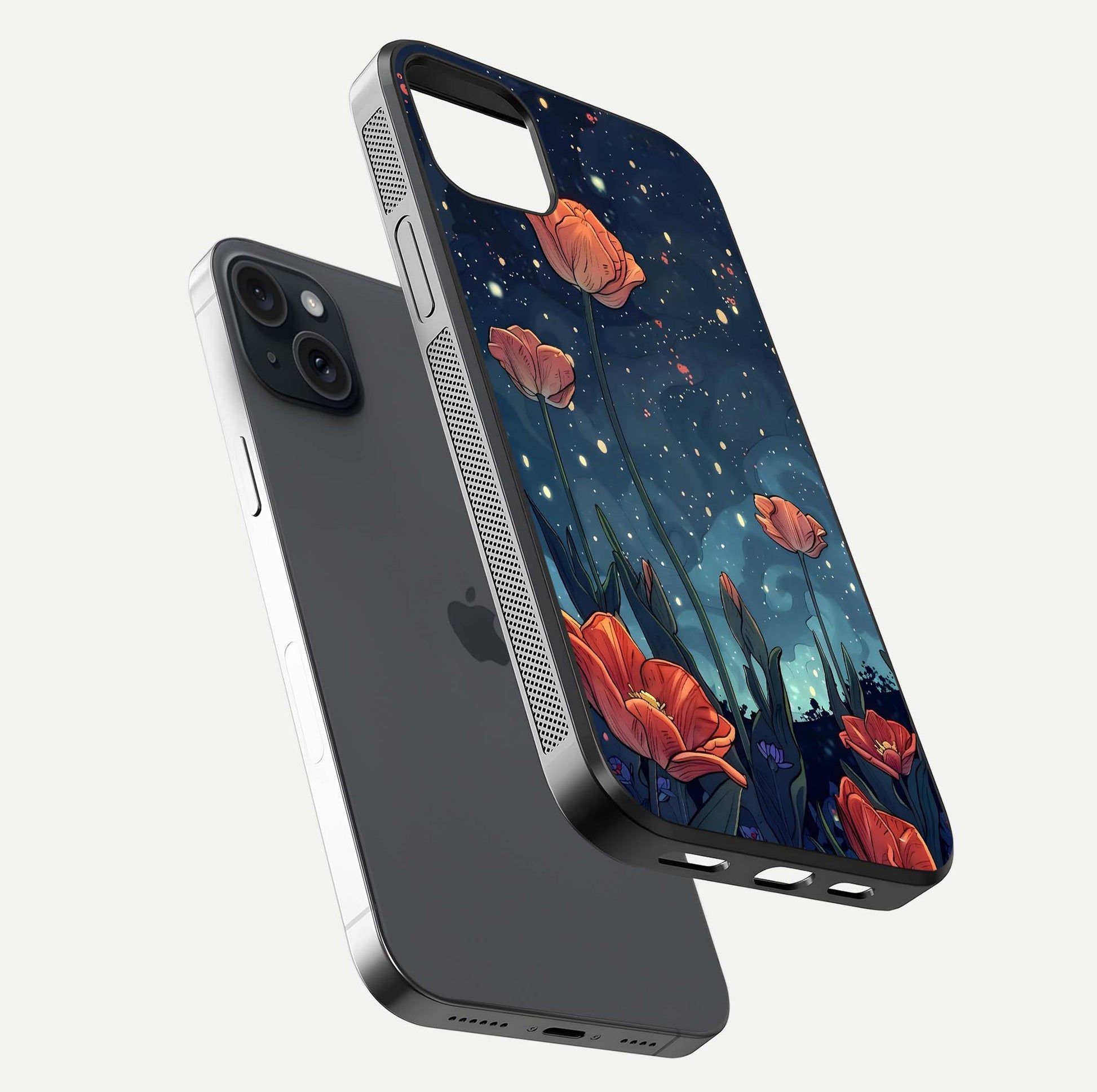 Midnight Tulip Glow Glass Case for iPhone 15 Plus floating dual-view mockup showing HD gloss and tulip tone