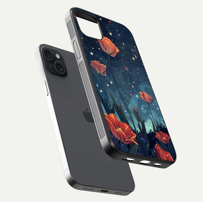Midnight Tulip Glow Glass Case for iPhone 15 Plus floating dual-view mockup showing HD gloss and tulip tone
