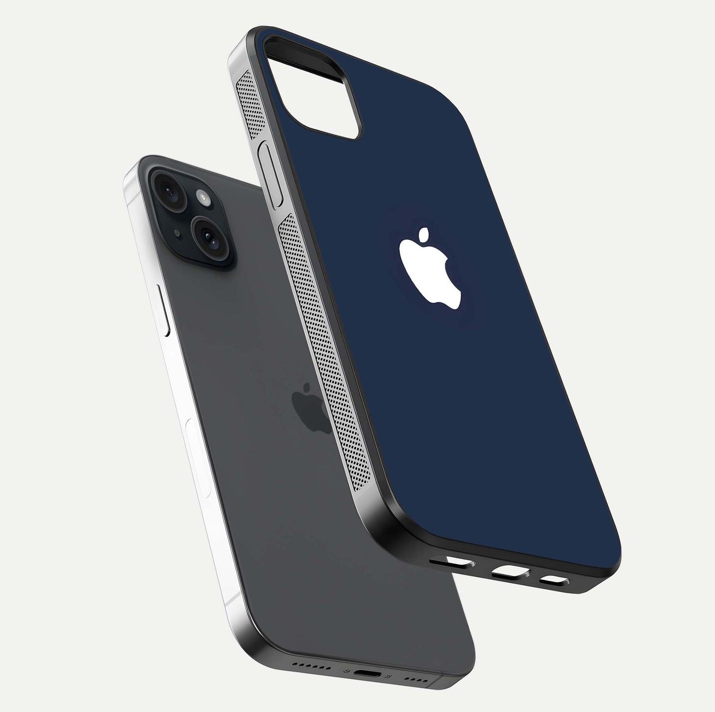 Minimal Apple Night Glass Case for iPhone 15 Plus floating dual-view mockup showing HD shine and minimal style