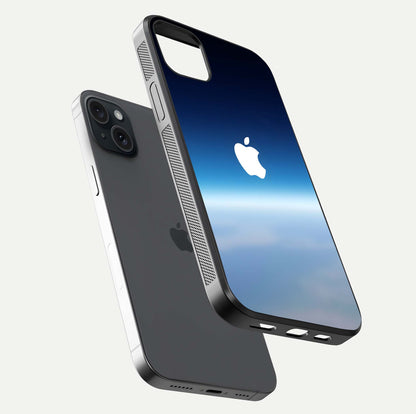 Minimal Apple Sky Glass Case for iPhone 15 Plus floating dual-view mockup showing HD gloss and Apple design