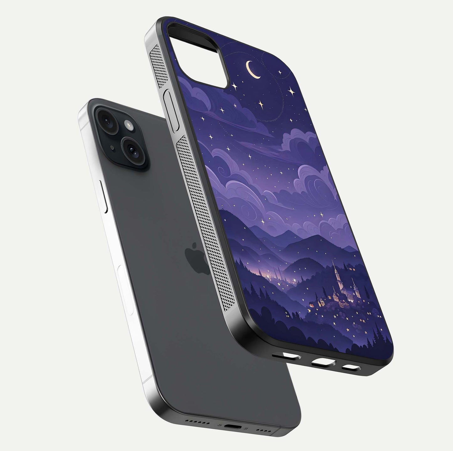 Minimal Night View Glass Case for iPhone 15 Plus floating dual-view mockup showing HD gloss and clean lines