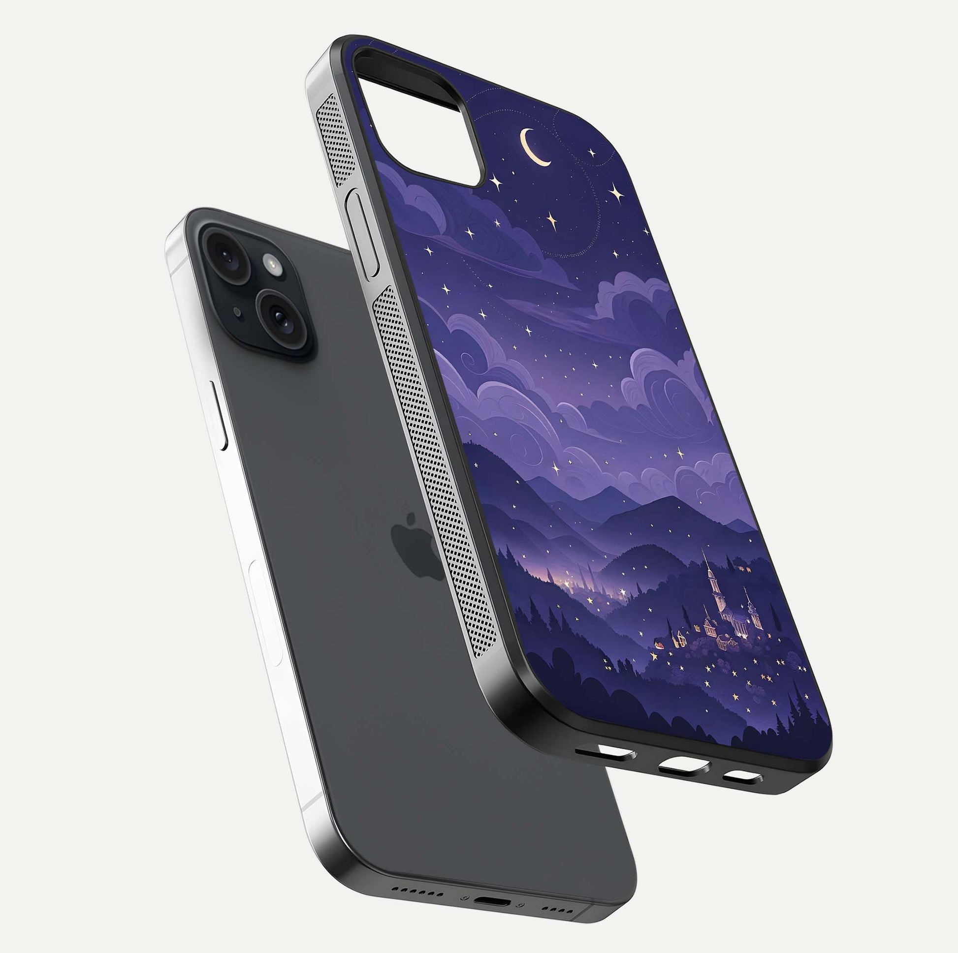 Minimal Night View Glass Case for iPhone 15 Plus floating dual-view mockup showing HD gloss and clean lines