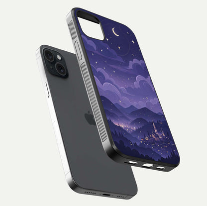 Minimal Night View Glass Case for iPhone 15 Plus floating dual-view mockup showing HD gloss and clean lines