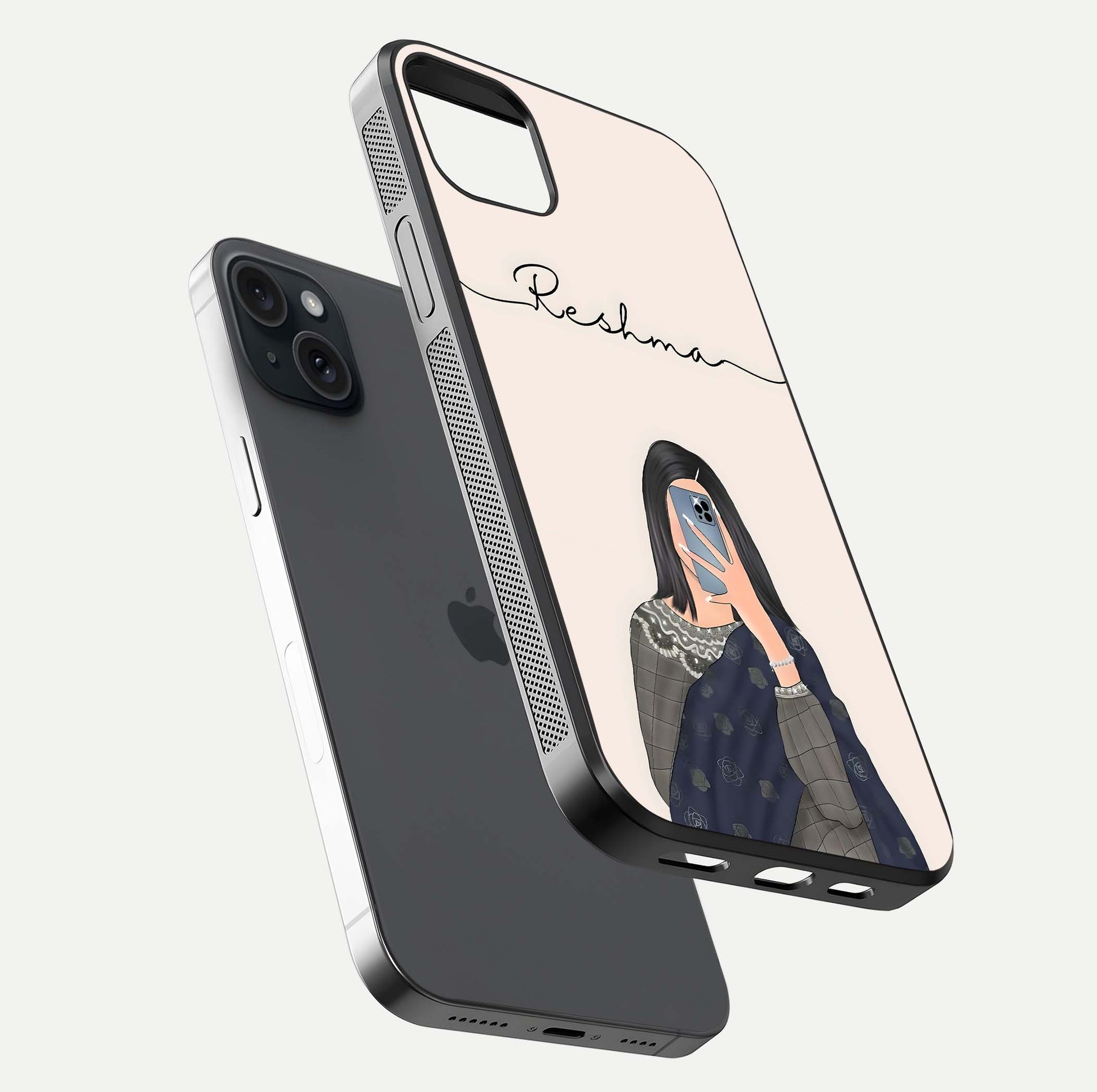 Mirror Mood Muse Custom Name Glass Case for iPhone 15 Plus floating dual-view mockup showing reflection and luxury style