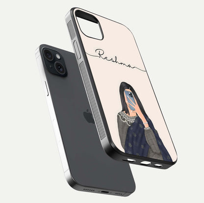 Mirror Mood Muse Custom Name Glass Case for iPhone 15 Plus floating dual-view mockup showing reflection and luxury style