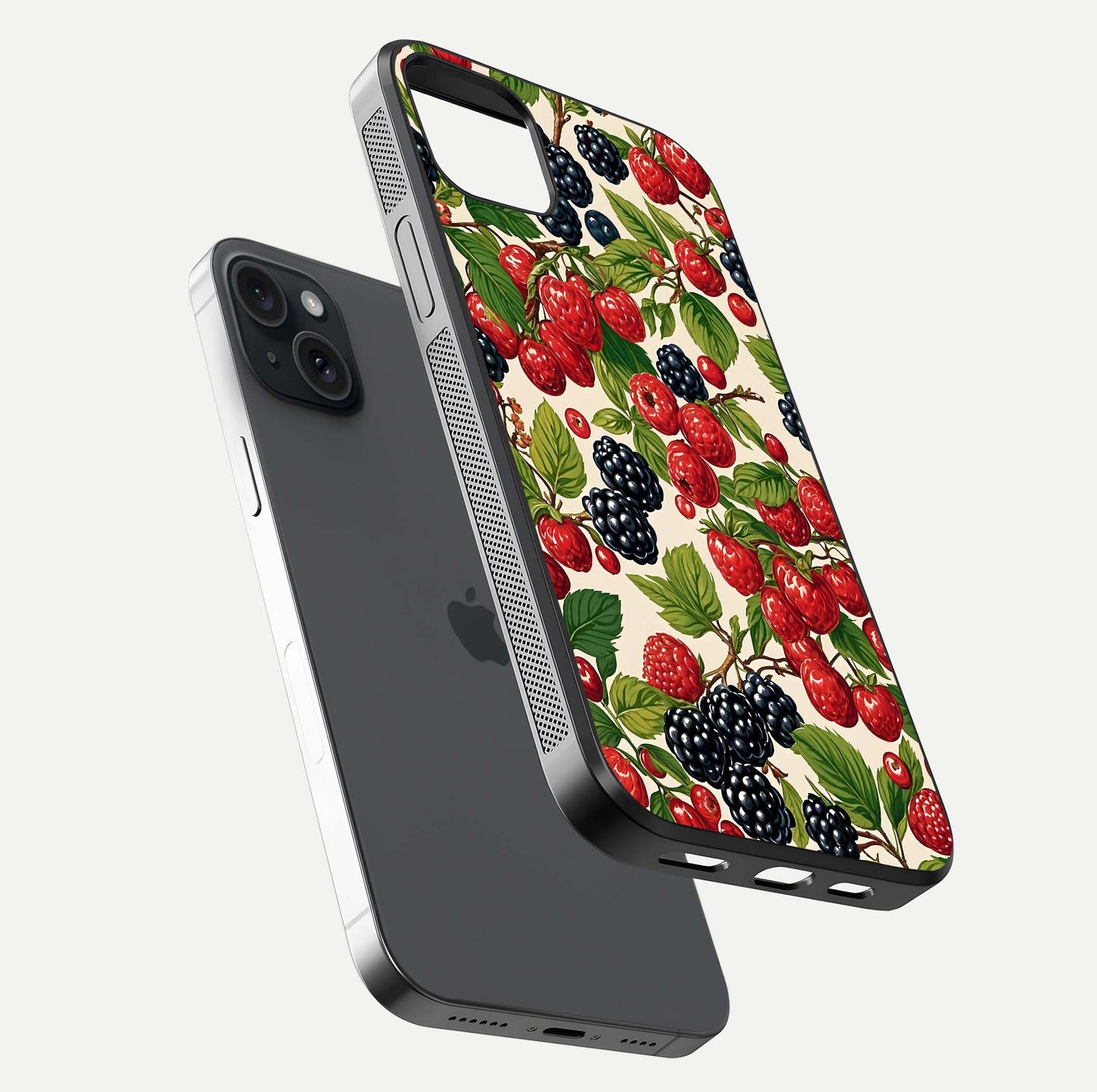 Mixed Berry Collage Glass Case for iPhone 15 Plus floating dual-view mockup showing gloss depth and vibrant design