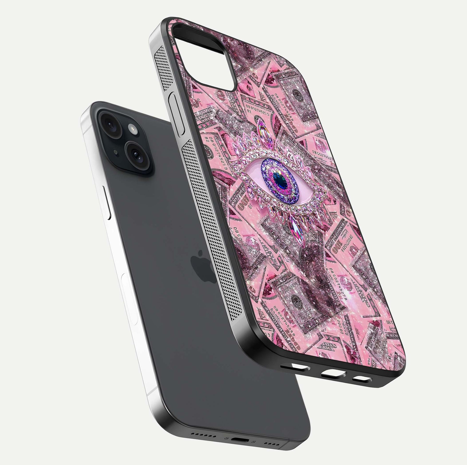 Money Eye Luxe Glass Case for iPhone 15 Plus floating dual-view mockup showing gloss surface and premium look