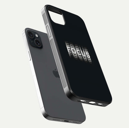 Mono Focus Vision Glass Case for iPhone 15 Plus floating dual-view mockup showing HD gloss and elegant simplicity