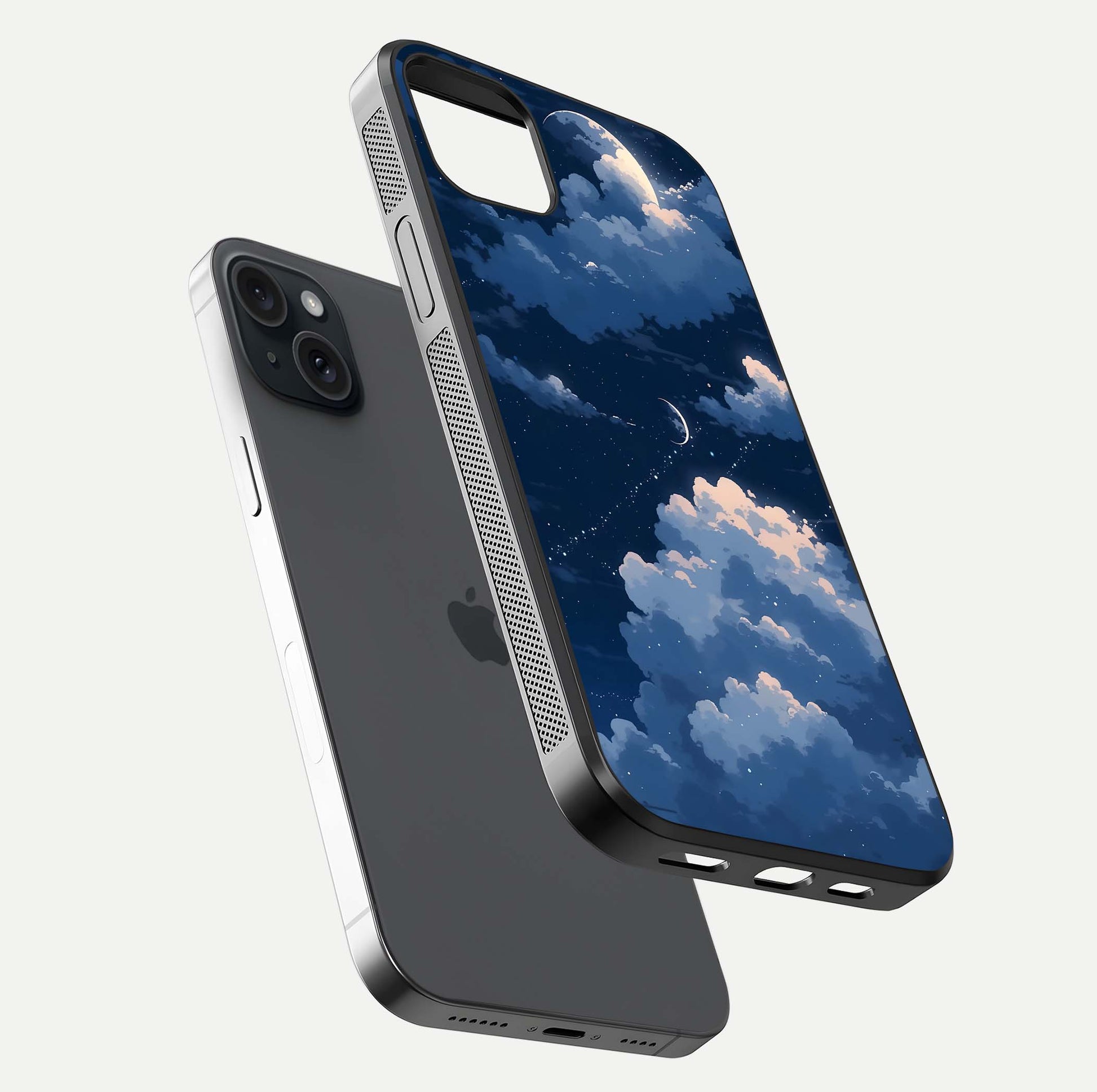 Moon Dream Haze Glass Case for iPhone 15 Plus floating dual-view mockup showing gloss texture and calm tones