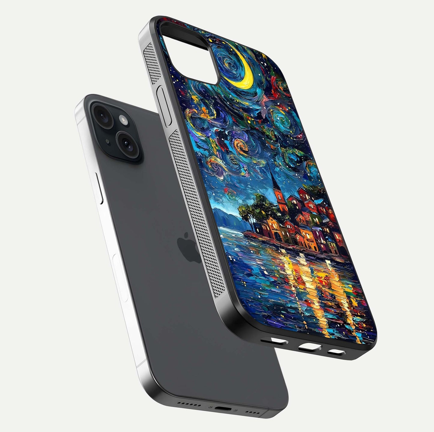 Moonlight Harbor Glow Glass Case for iPhone 15 Plus floating dual-view mockup showing gloss brightness and glow