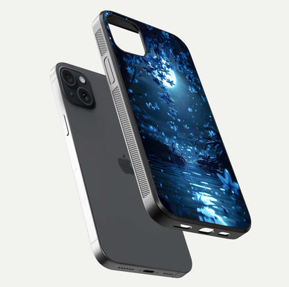 Moonlight Petal Dream Glass Case for iPhone 15 Plus floating dual-view mockup showing HD gloss and dreamy art