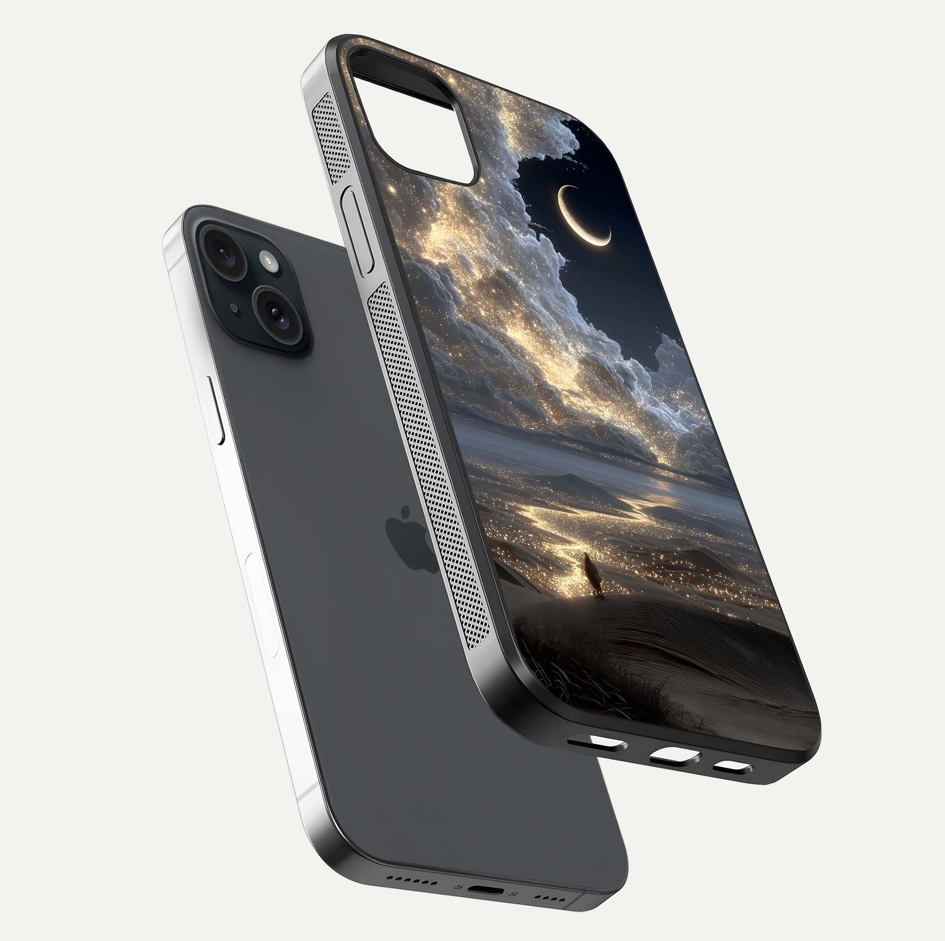 Moonlight Spark Path Glass Case for iPhone 15 Plus floating dual-view mockup showing gloss finish and shine depth