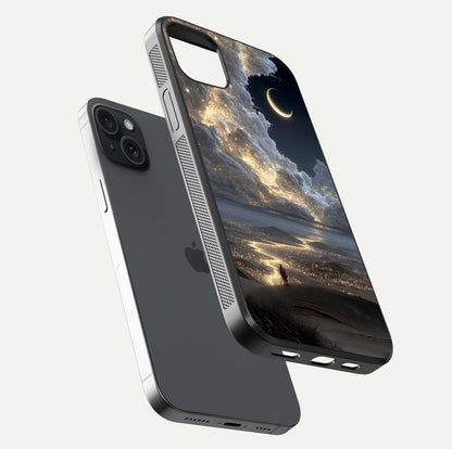 Moonlight Spark Path Glass Case for iPhone 15 Plus floating dual-view mockup showing gloss finish and shine depth