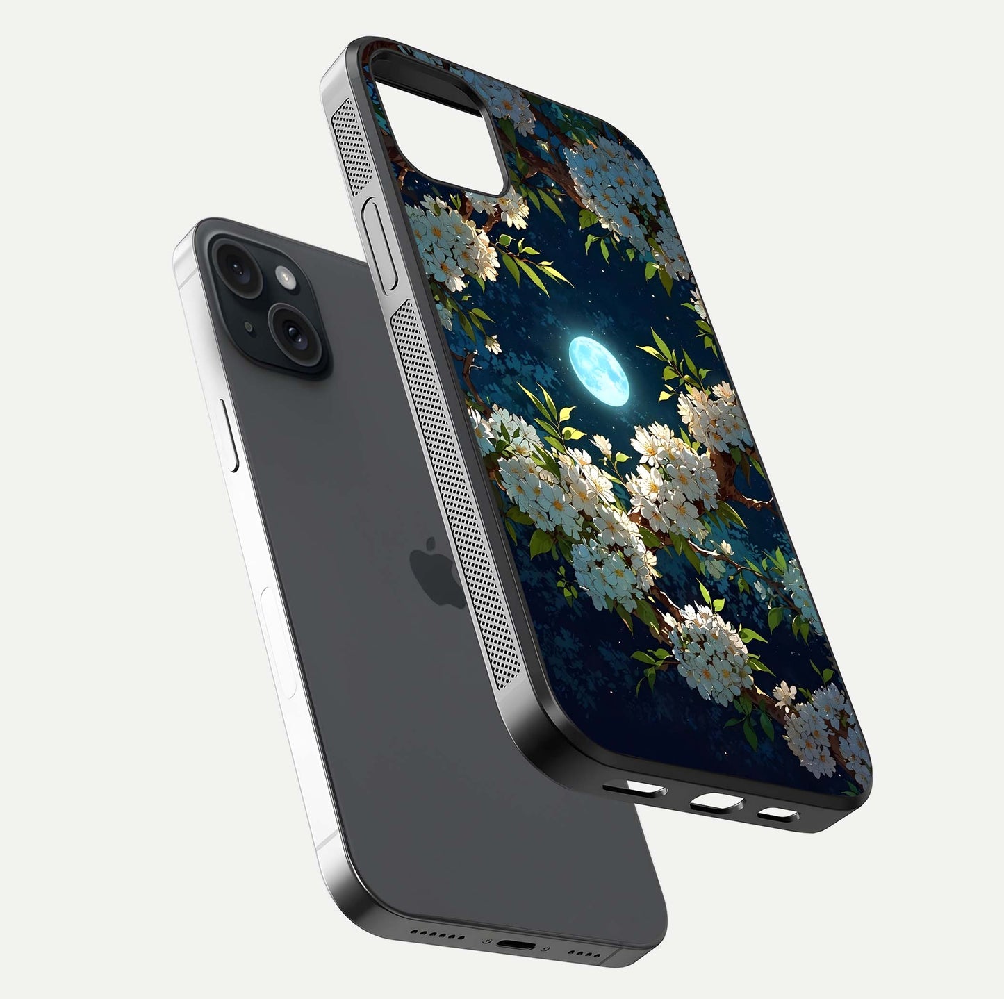 Moonlit Blossom Dream Glass Case for iPhone 15 Plus floating dual-view mockup showing gloss texture and floral tone