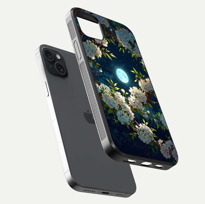 Moonlit Blossom Dream Glass Case for iPhone 15 Plus floating dual-view mockup showing gloss texture and floral tone