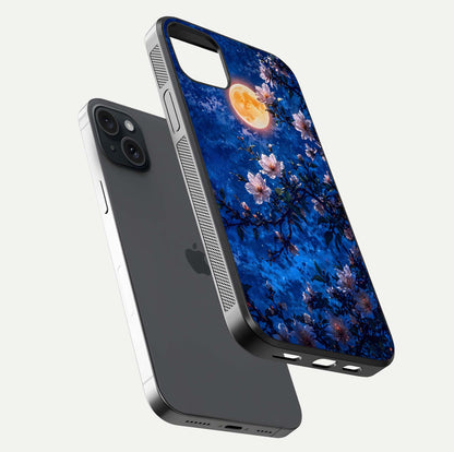 Moonlit Blossoms Night Glass Case for iPhone 15 Plus floating dual-view mockup showing HD gloss and floral contrast