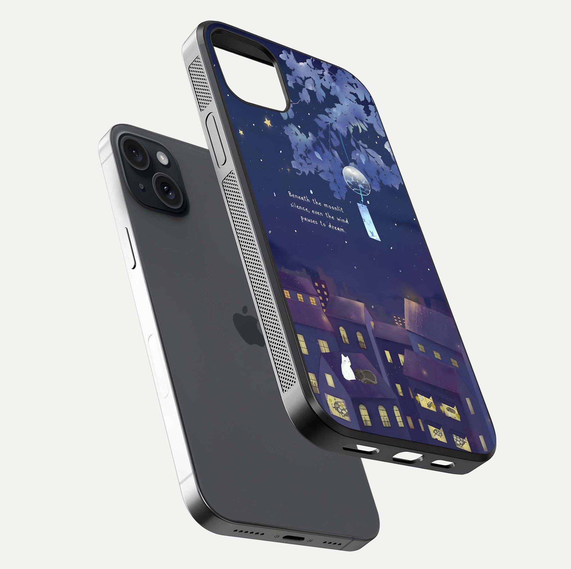 Moonlit Cat Silence Glass Case for iPhone 15 Plus floating dual-view mockup showing gloss reflection and moon art