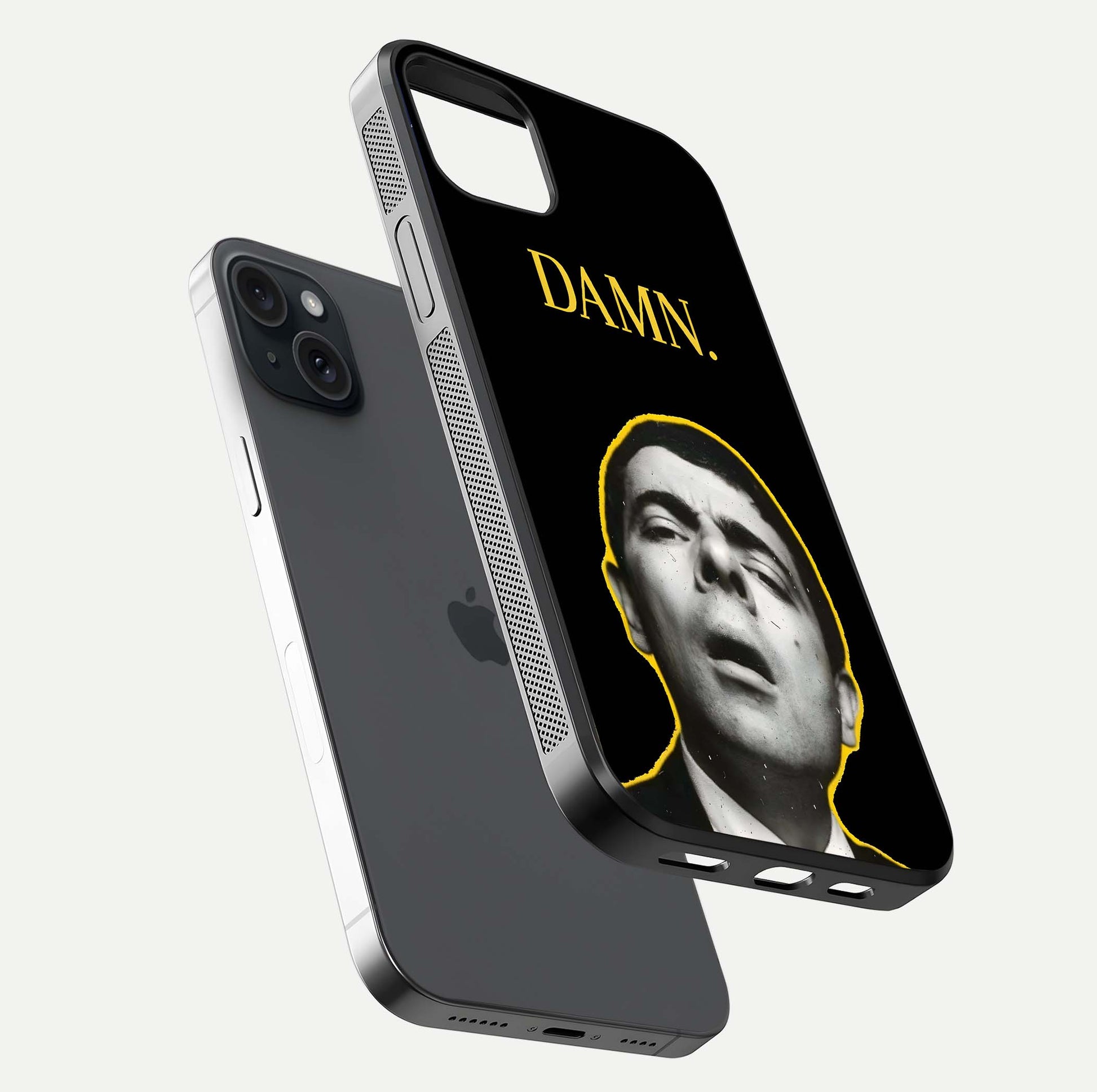 Mr Bean Damn Glass Case for iPhone 15 Plus floating dual-view mockup showing reflective gloss and vivid tones