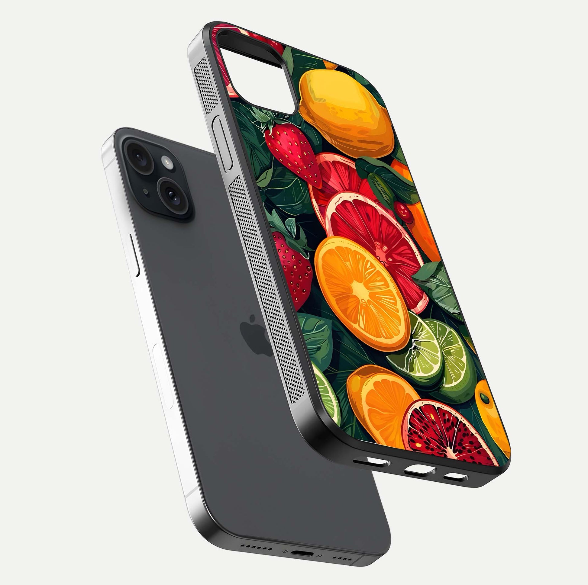 Multiple Fruits Glass Case for iPhone 15 Plus floating dual-view mockup showing reflection depth and freshness