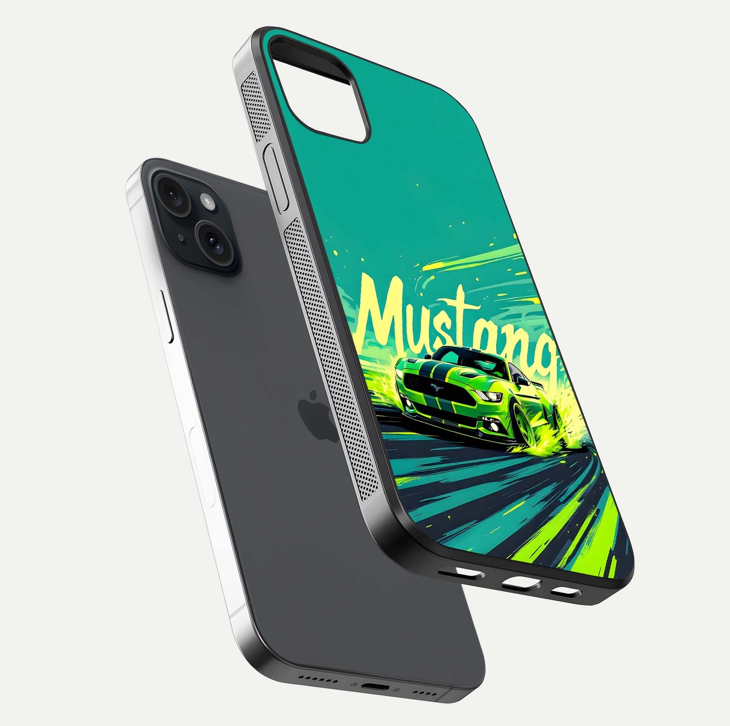 Mustang Bang Glass Case for iPhone 15 Plus floating dual-view mockup showing gloss depth and power design