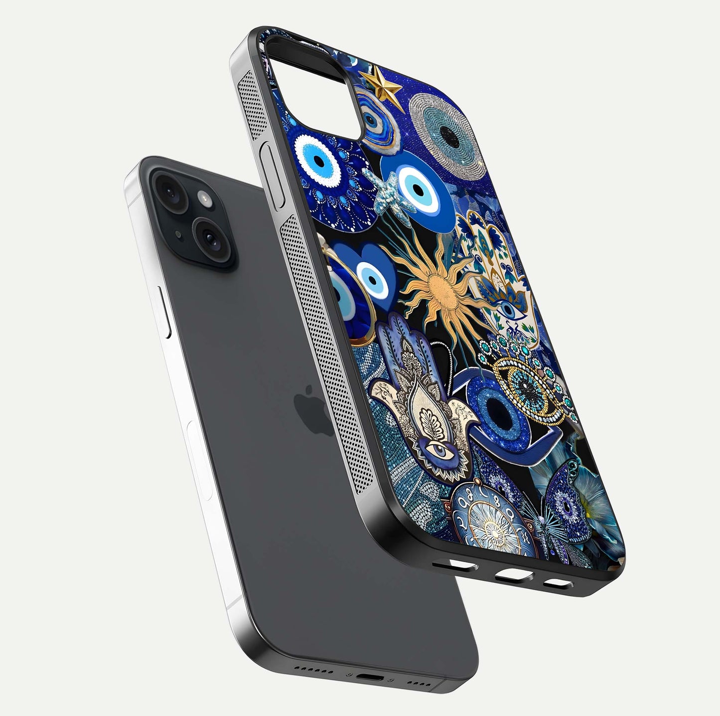 Mystic Blue Evil Eye Glass Case for iPhone 15 Plus floating dual-view mockup showing gloss depth and sacred symbol
